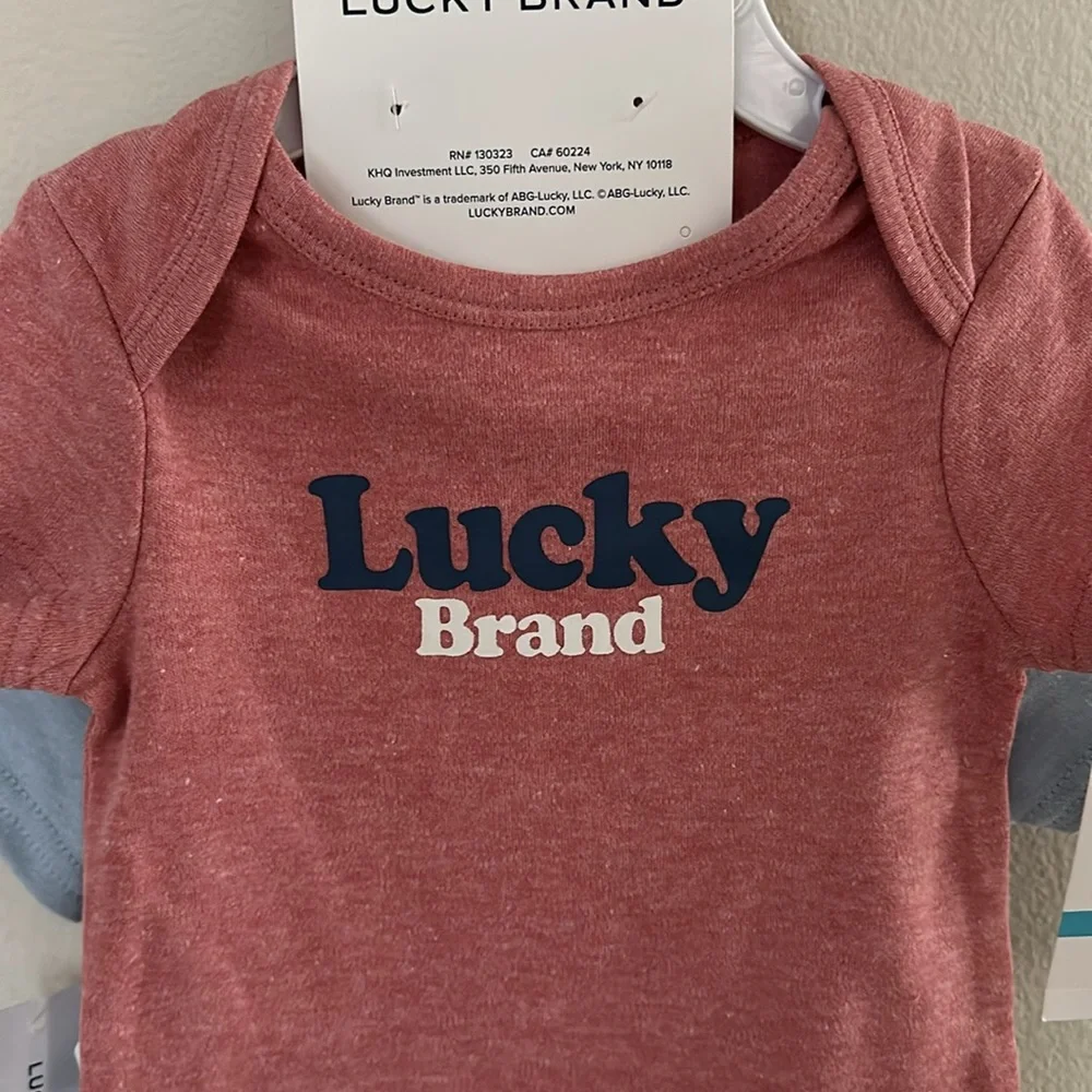 Lucky Brand Infant Boy 3 Pcs Set 6-9 Months Bodysuit Pant Good Luck Good Fortune